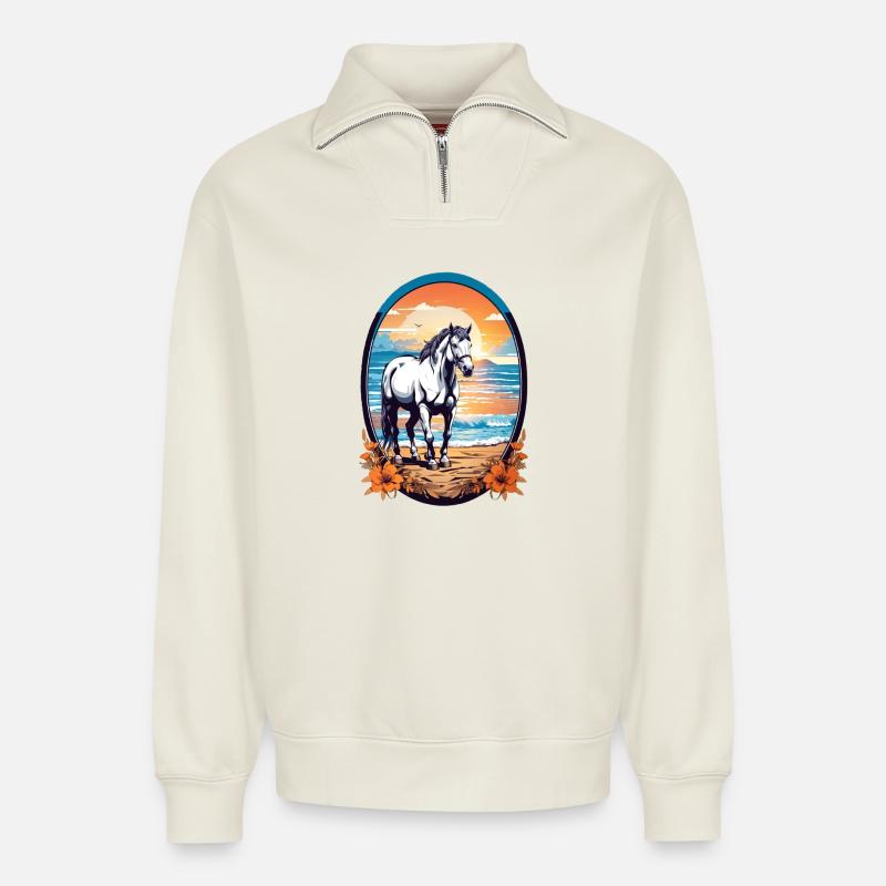 Cheval sur la plage - Sweat unisexe décontracté en coton biologique à demi-zip – de SPREAD - blanc cassé
