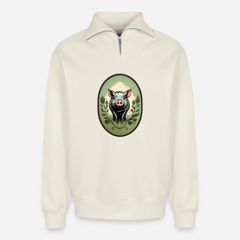 Glücksschwein - Relaxed Unisex Organic Half Zip Sweatshirt – von SPREAD - Naturweiß