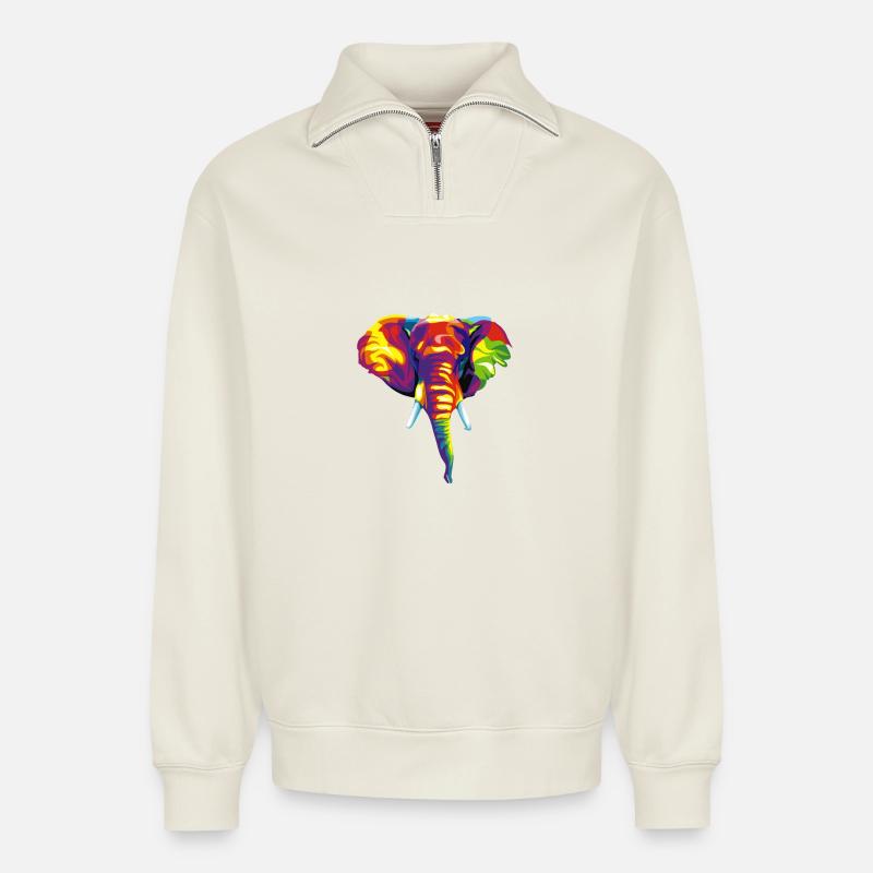 Elefant mit buntem abstraktem Muster. - Relaxed Unisex Organic Half Zip Sweatshirt – von SPREAD - Naturweiß