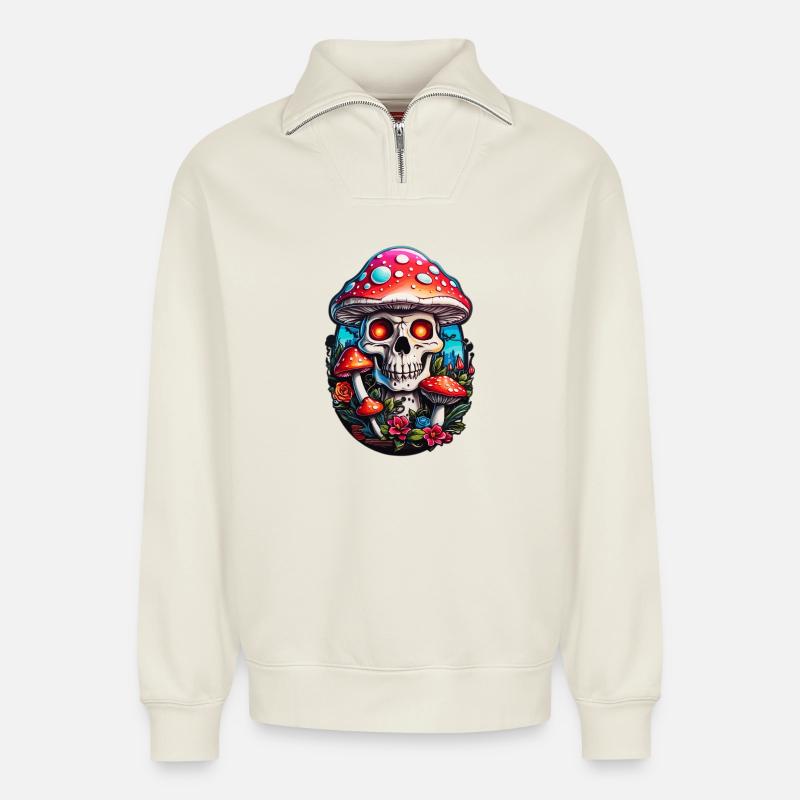Champignon crâne - Sweat unisexe décontracté en coton biologique à demi-zip – de SPREAD - blanc cassé