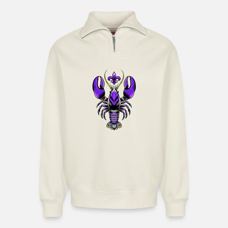 Mardi Gras Languste mit Fleur-de-Lis Design - Relaxed Unisex Organic Half Zip Sweatshirt – von SPREAD - Naturweiß