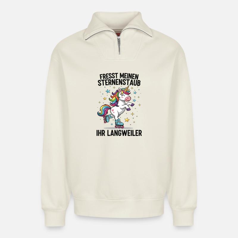 Rollschuh Einhorn - Relaxed Unisex Organic Half Zip Sweatshirt – von SPREAD - Naturweiß