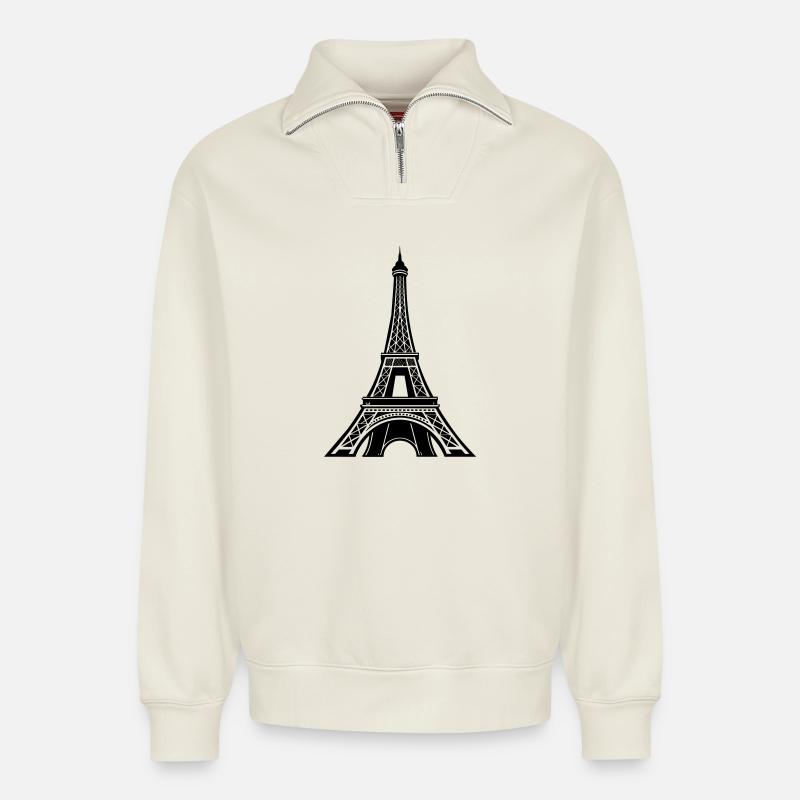 Eiffel Tower Paris - Relaxed Unisex Organic Half Zip Sweatshirt – by SPREAD - off white
