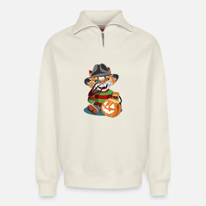 Freddy le chat - Sweat unisexe décontracté en coton biologique à demi-zip – de SPREAD - blanc cassé
