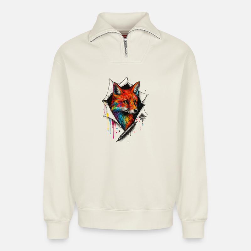Regenbogenfuchs Kunst mit Farbspritzer - Relaxed Unisex Organic Half Zip Sweatshirt – von SPREAD - Naturweiß