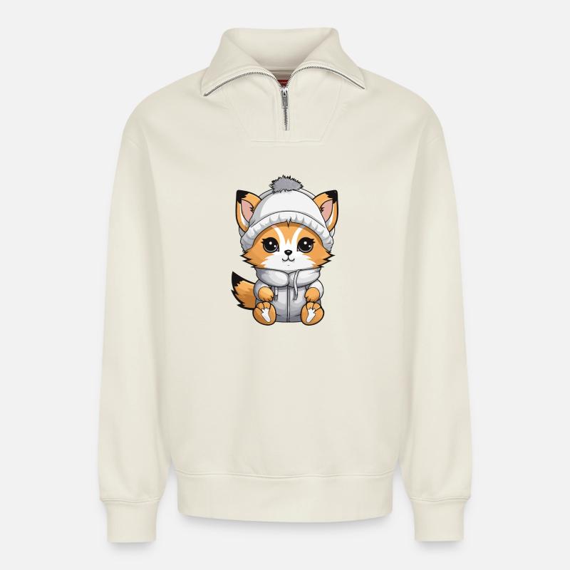 Fuchs Winter Comic - Relaxed Unisex Organic Half Zip Sweatshirt – von SPREAD - Naturweiß