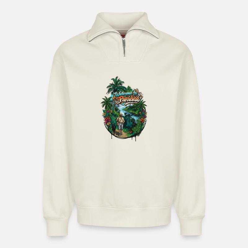 Willkommen im Paradies Pfad - Relaxed Unisex Organic Half Zip Sweatshirt – von SPREAD - Naturweiß