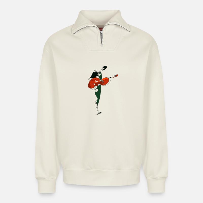Guitariste - Sweat unisexe décontracté en coton biologique à demi-zip – de SPREAD - blanc cassé