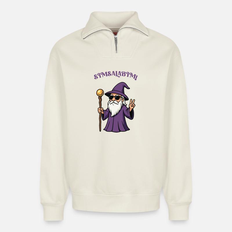Lila Zauberer Peacezeichen - Relaxed Unisex Organic Half Zip Sweatshirt – von SPREAD - Naturweiß