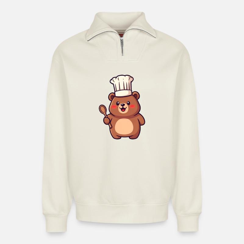 Chefbärchen with chef's hat - Relaxed Unisex Organic Half Zip Sweatshirt – by SPREAD - off white