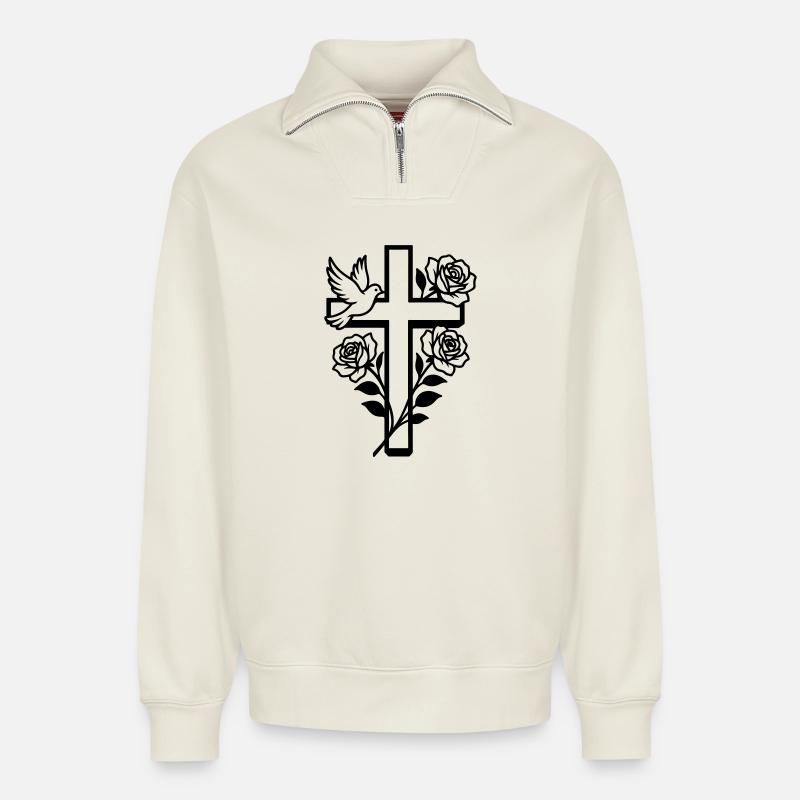 Colombe croix chrétienne - Sweat unisexe décontracté en coton biologique à demi-zip – de SPREAD - blanc cassé