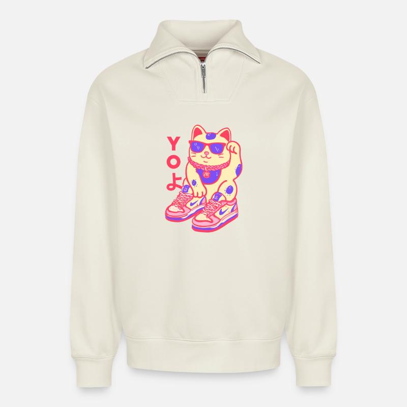 Neon Kawaii Maneki Sneaker Katze - Relaxed Unisex Organic Half Zip Sweatshirt – von SPREAD - Naturweiß