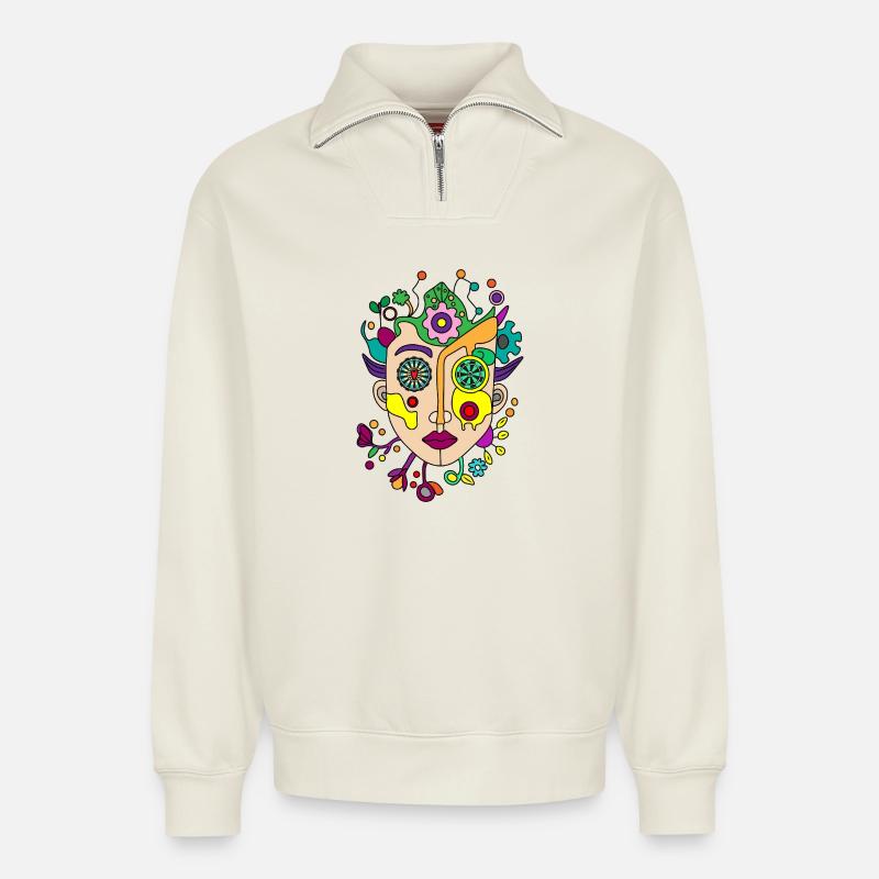 Kaleidoscopic split face - Relaxed Unisex Organic Half Zip Sweatshirt – by SPREAD - off white