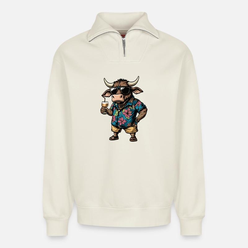 Taurus Comic Summer - Relaxed Unisex Organic Half Zip Sweatshirt – by SPREAD - off white