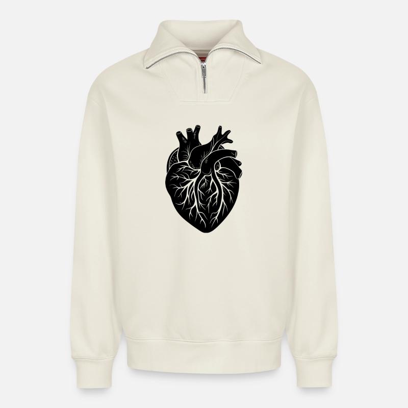 anatomical heart - Relaxed Unisex Organic Half Zip Sweatshirt – by SPREAD - off white