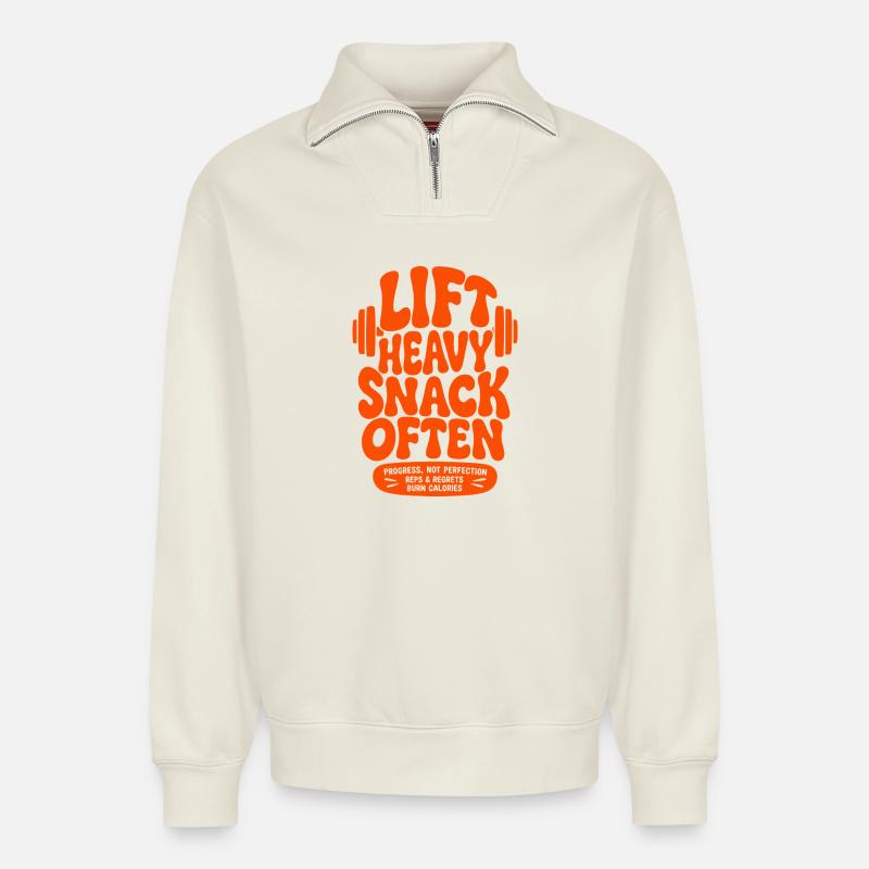 Lift Heavy Snack Often - Relaxed Unisex Organic Half Zip Sweatshirt – by SPREAD - off white