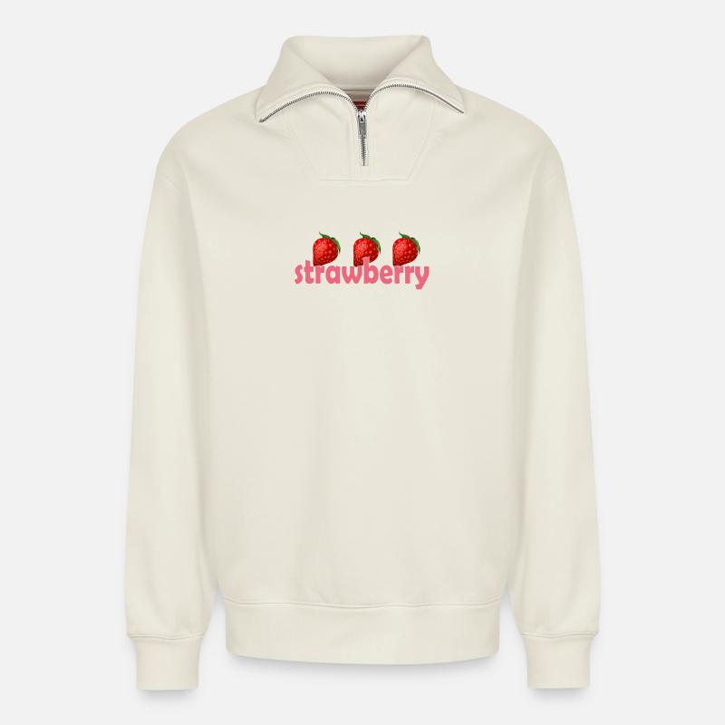 Fraise - Sweat unisexe décontracté en coton biologique à demi-zip – de SPREAD - blanc cassé