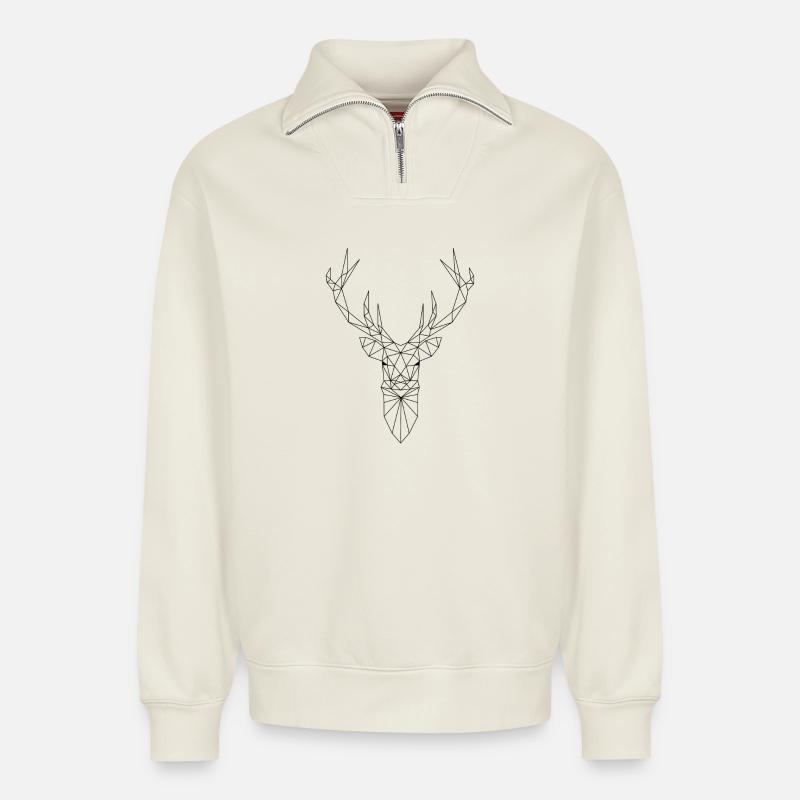 Hirschkopf im Triangel-Design (schwarz) - Relaxed Unisex Organic Half Zip Sweatshirt – von SPREAD - Naturweiß