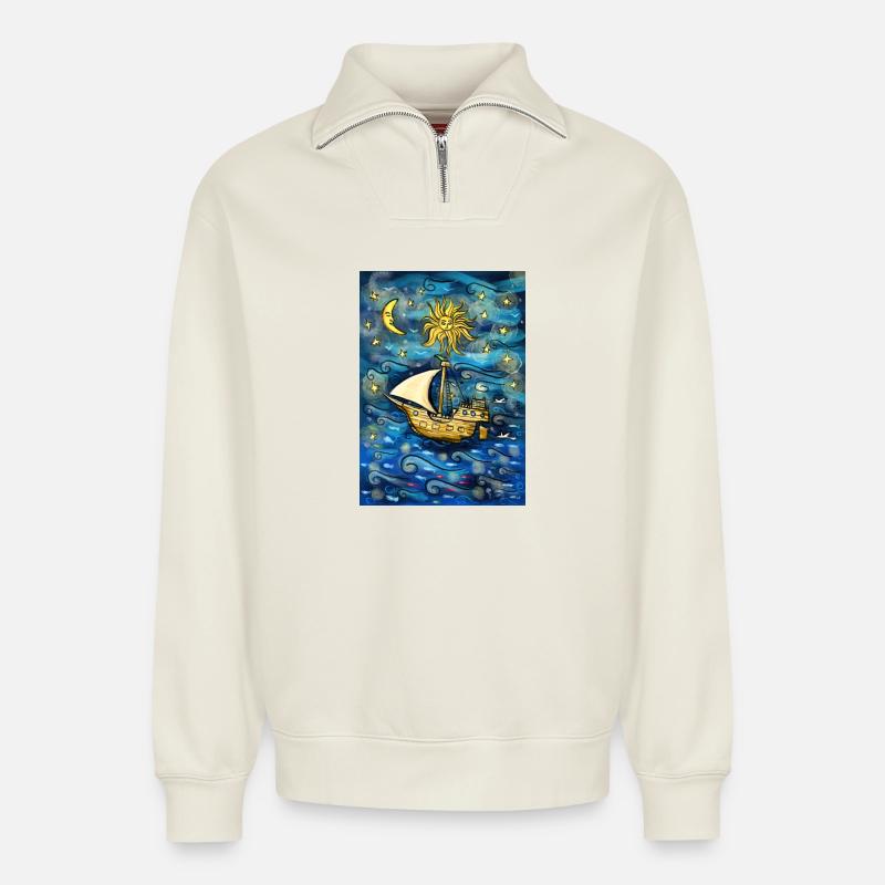 Schiff im Sternenmeer - Relaxed Unisex Organic Half Zip Sweatshirt – von SPREAD - Naturweiß