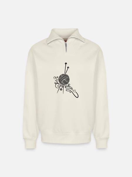 Knitting needles with wool and flowers. - Relaxed Unisex Organic Half Zip Sweatshirt – by SPREAD - off white