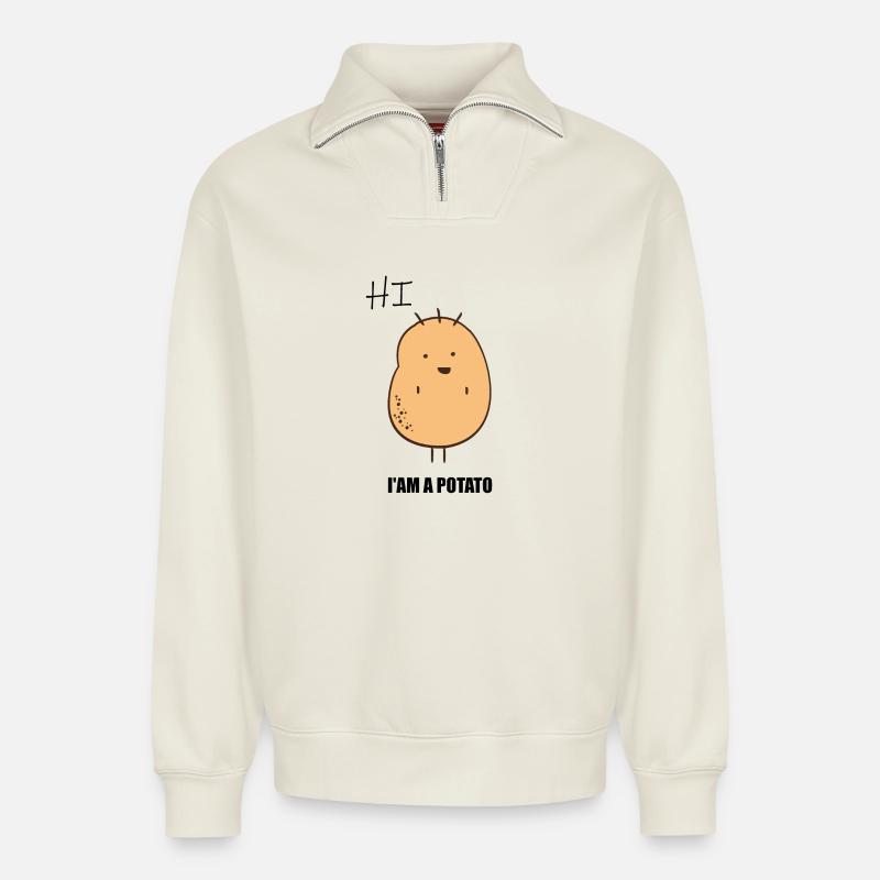 I AM A POTATO - Relaxed Unisex Organic Half Zip Sweatshirt – von SPREAD - Naturweiß