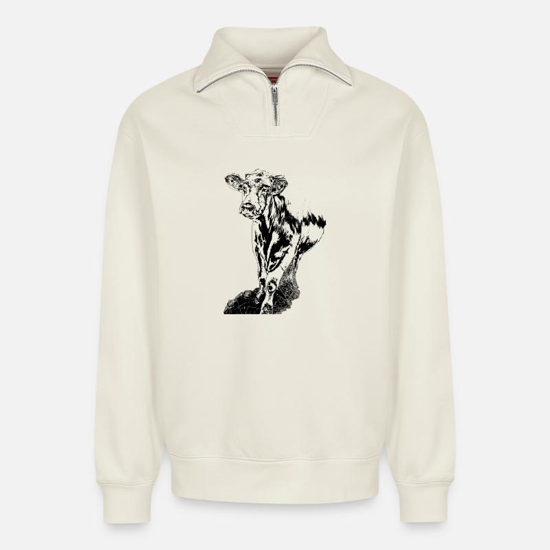 Vache Noir Blanc Bande Dessinée - Sweat unisexe décontracté en coton biologique à demi-zip – de SPREAD - blanc cassé