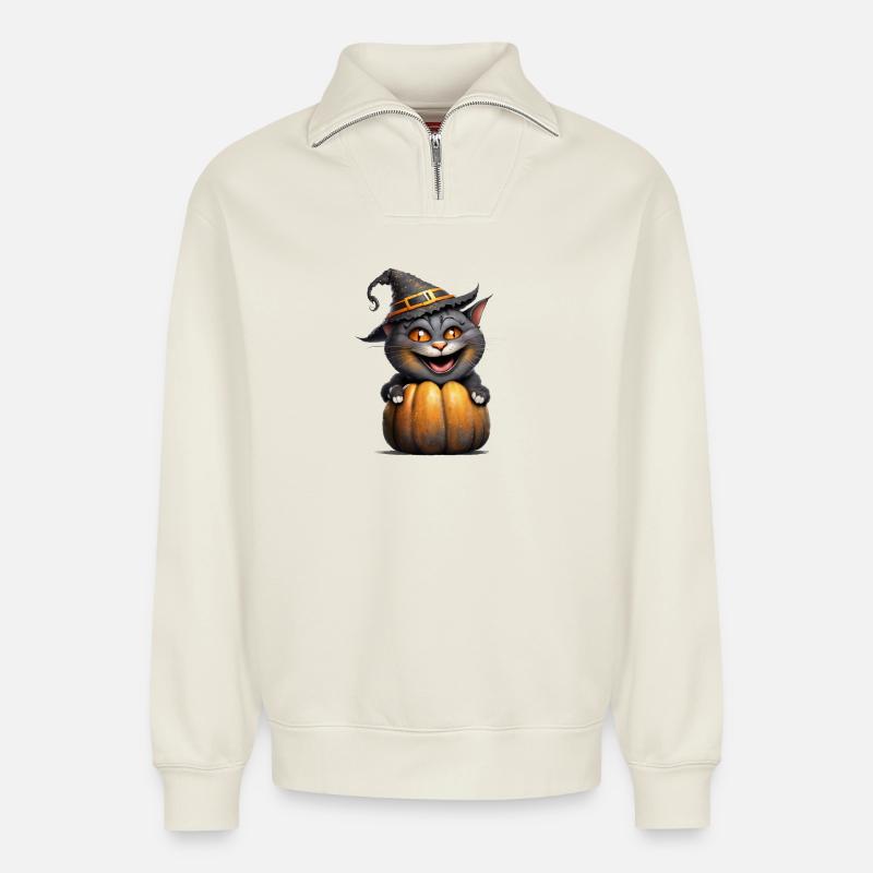 Halloween Cat - Relaxed Unisex Organic Half Zip Sweatshirt – by SPREAD - off white