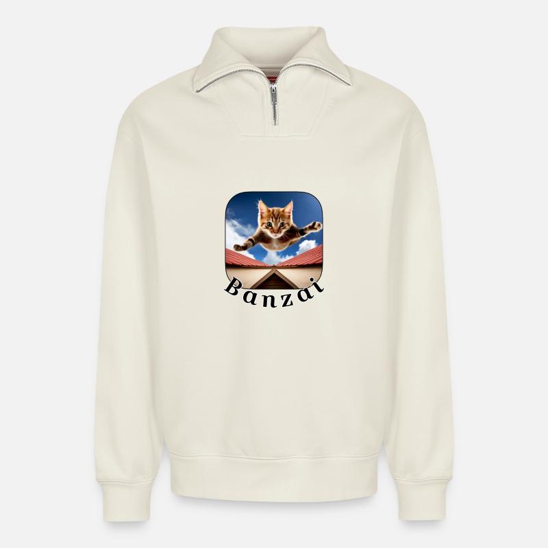 Banzai katze 2 - Relaxed Unisex Organic Half Zip Sweatshirt – von SPREAD - Naturweiß
