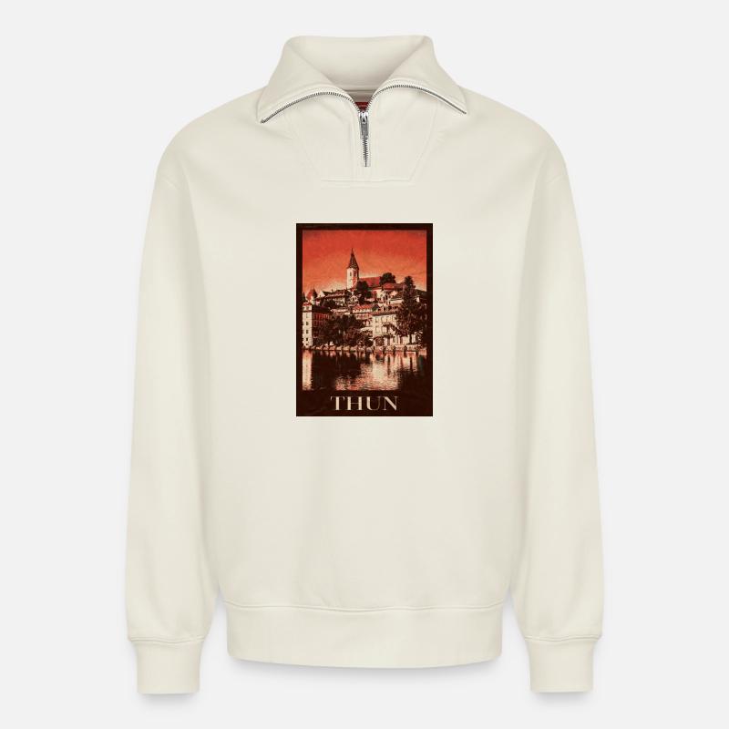 Horizon de Thoune - Sweat unisexe décontracté en coton biologique à demi-zip – de SPREAD - blanc cassé