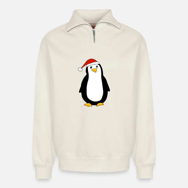 Pingouin de Noël - Sweat unisexe décontracté en coton biologique à demi-zip – de SPREAD - blanc cassé