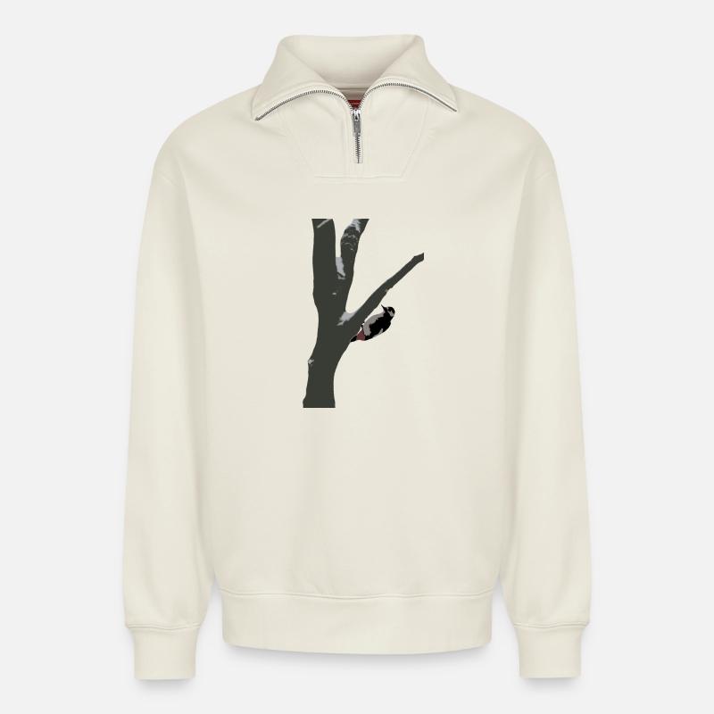 Specht im Winter - Relaxed Unisex Organic Half Zip Sweatshirt – von SPREAD - Naturweiß