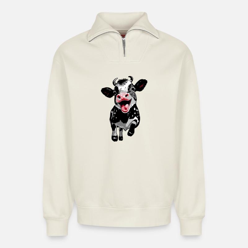 Springendes Kälbchen - Lustige Kuh Kalb - Relaxed Unisex Organic Half Zip Sweatshirt – von SPREAD - Naturweiß