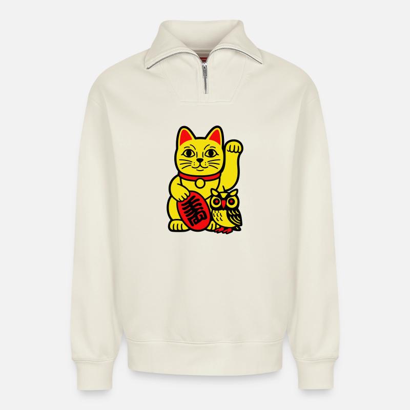 Glückskatze mit kleiner Eule - Relaxed Unisex Organic Half Zip Sweatshirt – von SPREAD - Naturweiß