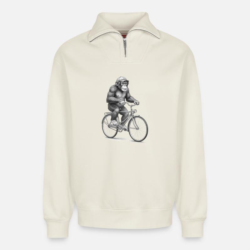 Monochromer Affen-Radfahrer - Relaxed Unisex Organic Half Zip Sweatshirt – von SPREAD - Naturweiß