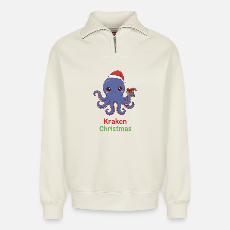 Maskottchen des Kraken-Weihnachts-Oktopus - Relaxed Unisex Organic Half Zip Sweatshirt – von SPREAD - Naturweiß