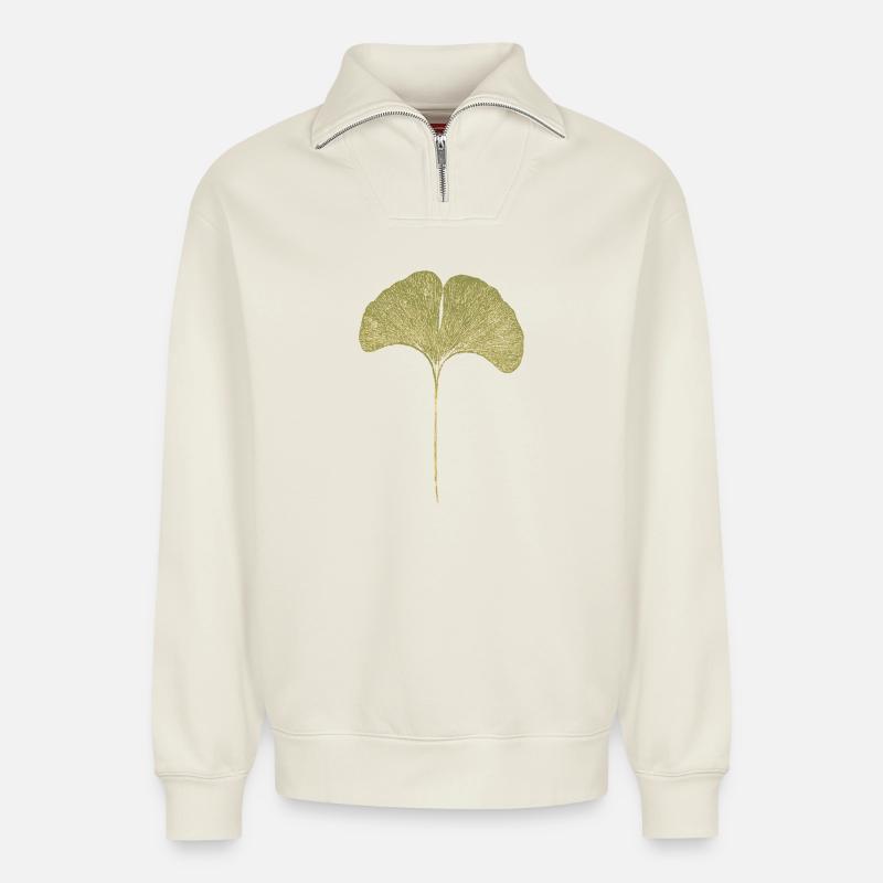 Gingko Leaf - Relaxed Unisex Organic Half Zip Sweatshirt – by SPREAD - off white
