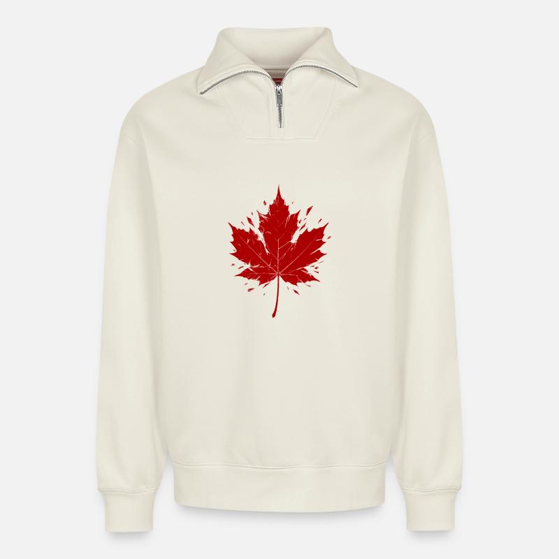 Red Maple Leaf Fragmented - Relaxed Unisex Organic Half Zip Sweatshirt – by SPREAD - off white