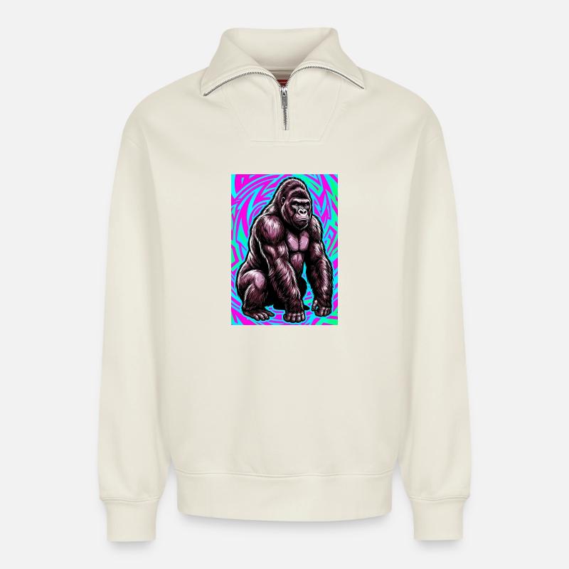 gorilla - Relaxed Unisex Organic Half Zip Sweatshirt – by SPREAD - off white