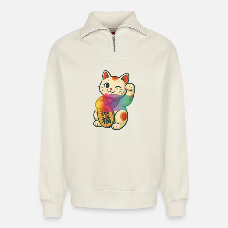 Winkende Glückskatze mit Regenbogen Effekt - Relaxed Unisex Organic Half Zip Sweatshirt – von SPREAD - Naturweiß