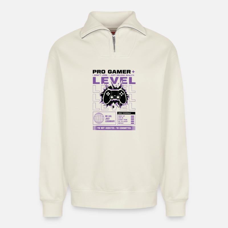 Pro Gamer Level Up Controller Design - Relaxed Unisex Organic Half Zip Sweatshirt – von SPREAD - Naturweiß