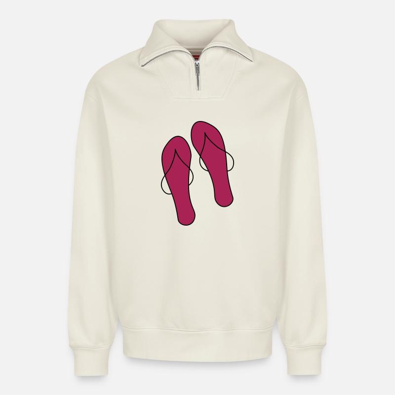 flip flops - Relaxed Unisex Organic Half Zip Sweatshirt – by SPREAD - off white