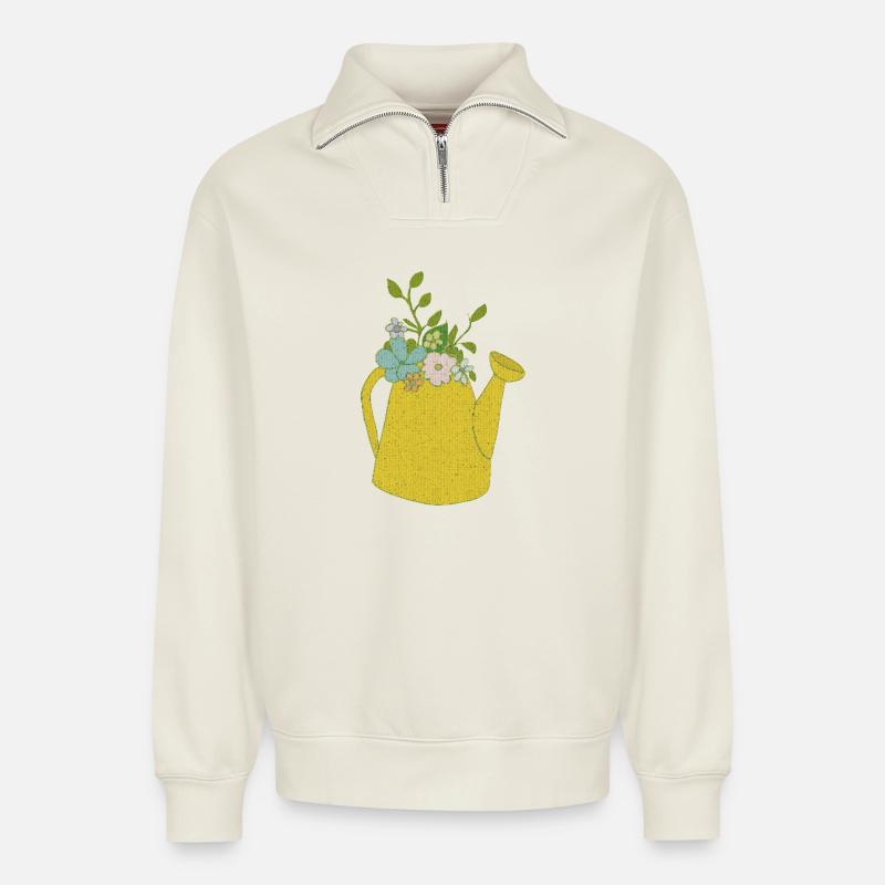 Watering can fabric - Relaxed Unisex Organic Half Zip Sweatshirt – by SPREAD - off white