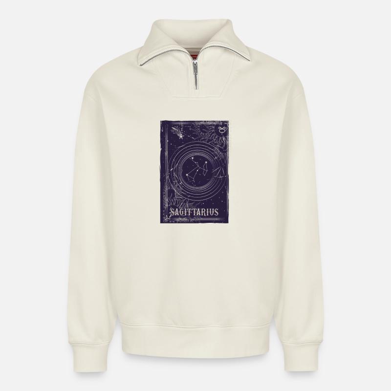 Sagittarius Circular Constellation - Relaxed Unisex Organic Half Zip Sweatshirt – by SPREAD - off white