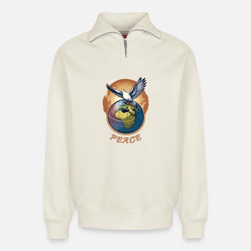 Weltfrieden auf der Erde - Relaxed Unisex Organic Half Zip Sweatshirt – von SPREAD - Naturweiß