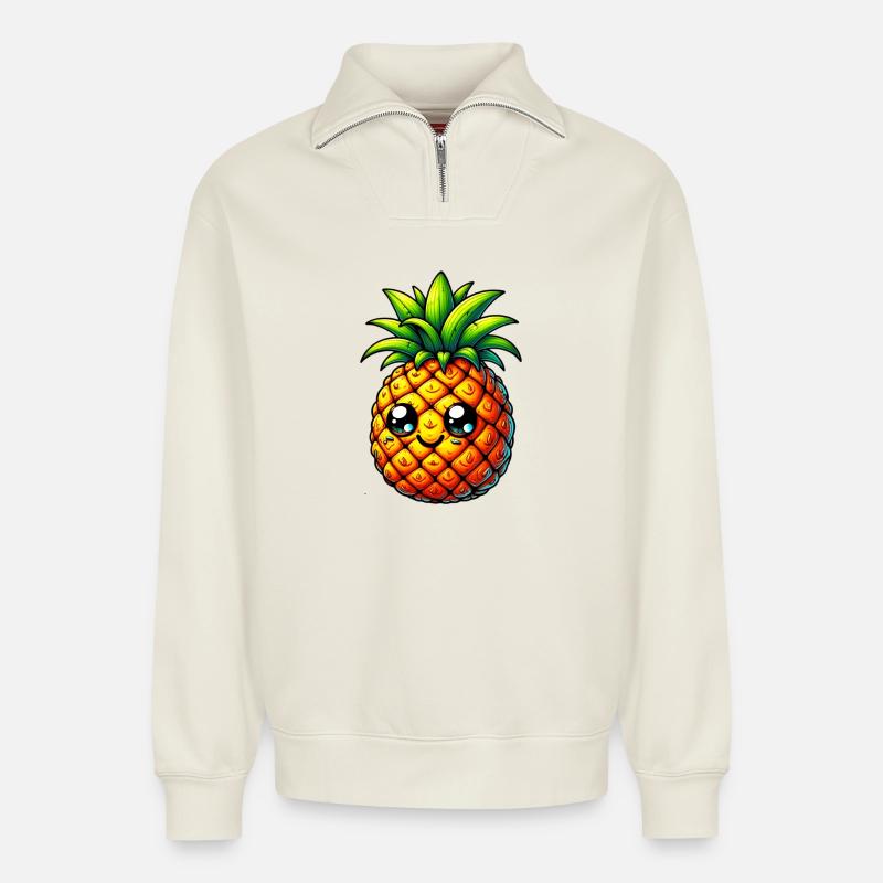 Ananas - Sweat unisexe décontracté en coton biologique à demi-zip – de SPREAD - blanc cassé
