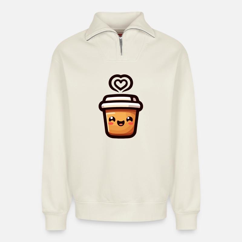 Caffeine Cutie: The Joyful Java - Relaxed Unisex Organic Half Zip Sweatshirt – by SPREAD - off white