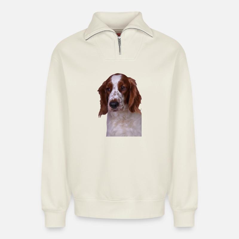 Welsh Springer Spaniel - Relaxed Unisex Organic Half Zip Sweatshirt – by SPREAD - off white