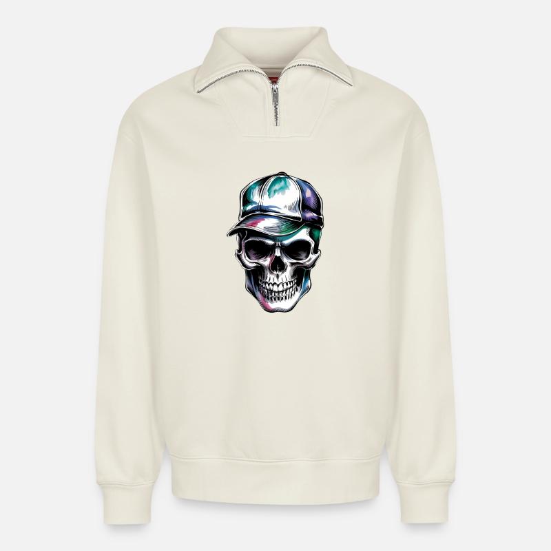 Skull with cap - Relaxed Unisex Organic Half Zip Sweatshirt – by SPREAD - off white