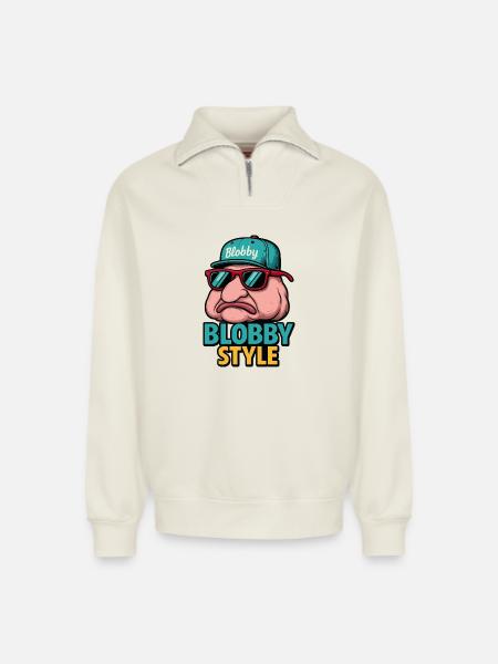 Blobby Style Cartoon Tee - Relaxed Unisex Organic Half Zip Sweatshirt – by SPREAD - off white