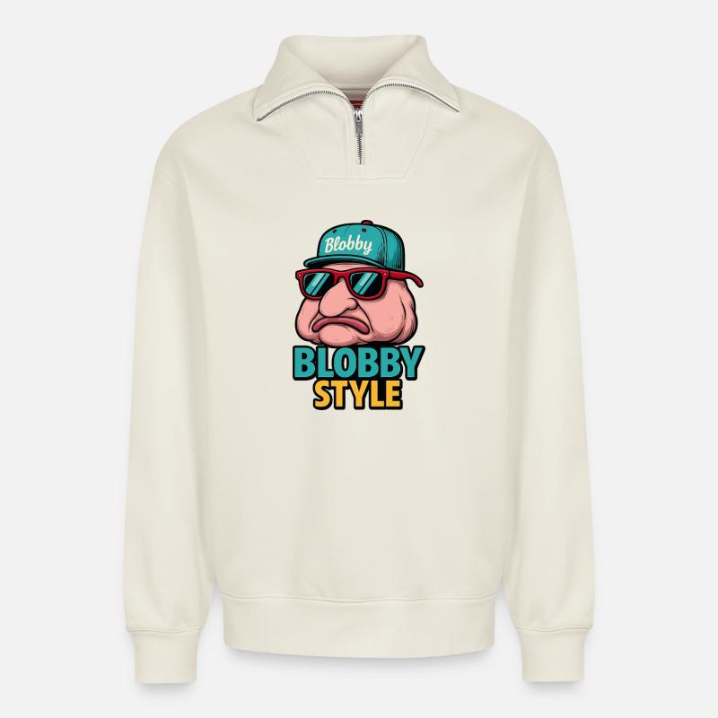 Blobby Style Cartoon Tee - Relaxed Unisex Organic Half Zip Sweatshirt – von SPREAD - Naturweiß